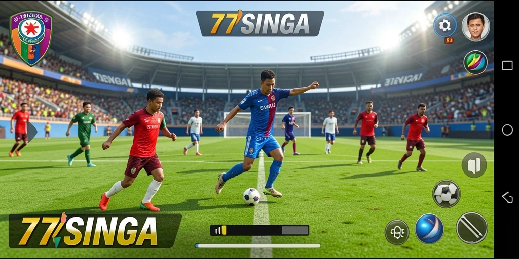 Tampilan gameplay seru dari 77SINGA yang menampilkan aksi sepak bola.