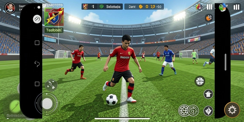 Screenshot gameplay FOMOTOTO yang menunjukkan aksi pertandingan sepak bola.