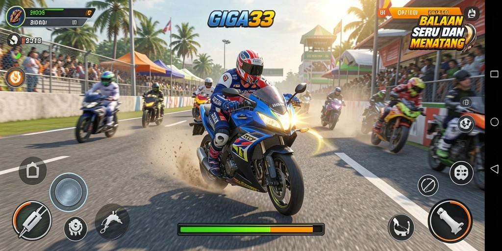 Tampilan gameplay seru di lintasan balapan motor.