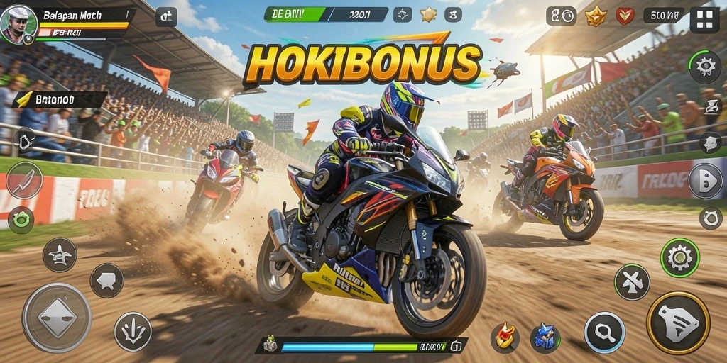 Tampilan gameplay HOKIBONUS dengan balapan motor yang intens.