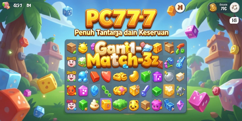 Tangkapan layar gameplay Match-3 PC777 dengan tampilan level penuh warna.
