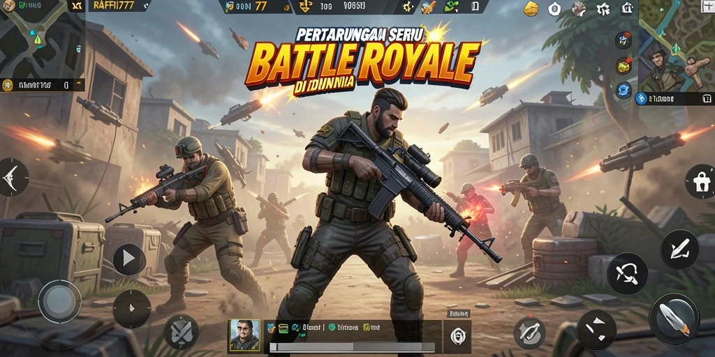 Tampilan gameplay RAFFI777 dengan pertarungan Battle Royale yang mendebarkan.