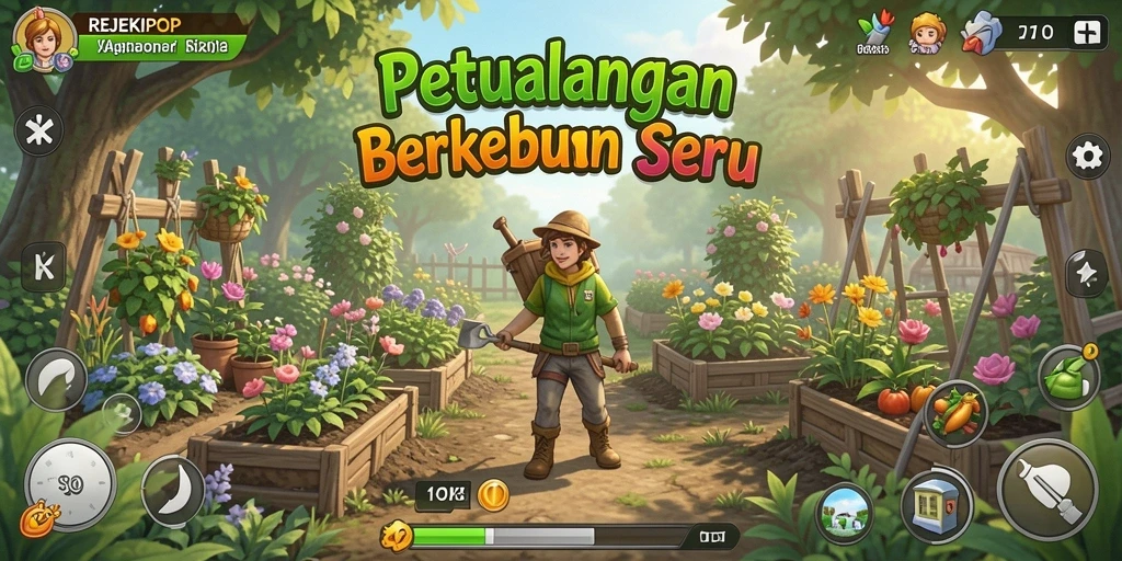 Tampilan gameplay REJEKIPOP yang menampilkan aktivitas berkebun yang seru.